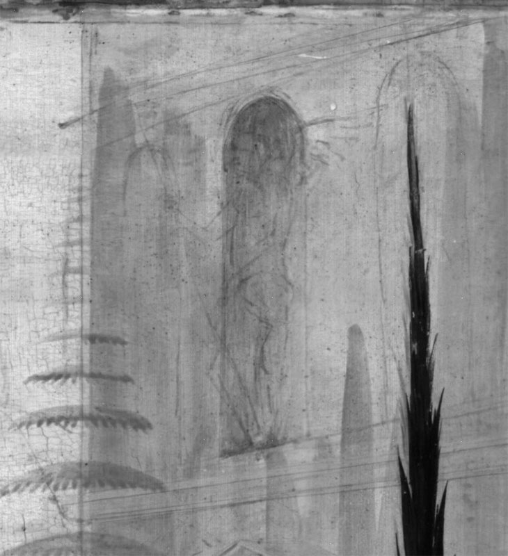 Detail showing the facade of Cupid’s palace in the Infrared reflectogram of Jacopo del Sellaio’s Story of Cupid and Psyche at the Fitzwilliam Museum, Cambridge