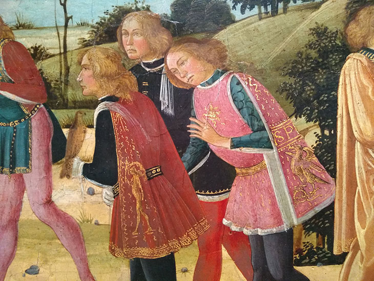 Detail showing Pysche’s suitors in the panel of Jacopo del Sellaio’s Story of Cupid and Psyche at the Fitzwilliam Museum, Cambridge