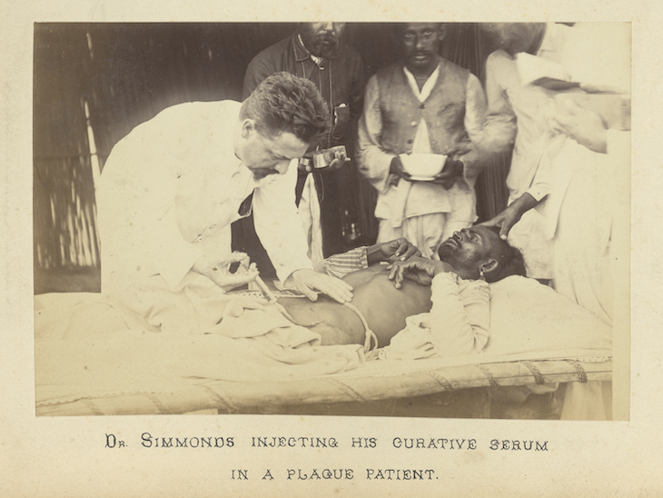 Paul-Louis Simond injecting his curative serum in a plague patient (1897), unknown artist.