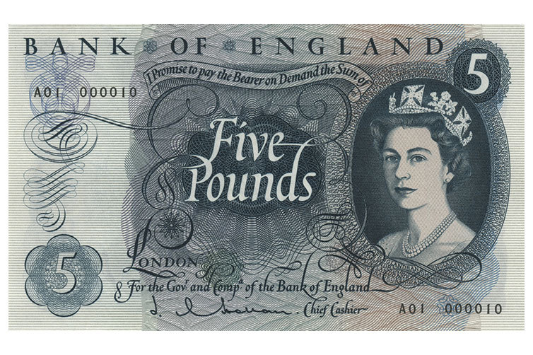 £5 banknote, designed by Reynolds Stone in 1963