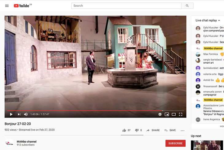 Screenshot of Bonjour (2015) by Ragnar Kjartansson performed at MAMbo and streamed live on 27 February 2020 on the museum’s YouTube channel