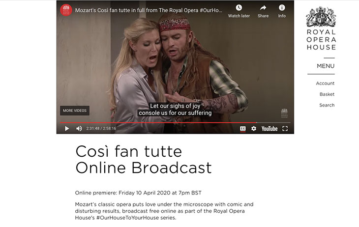 Screen shot of a video of Mozart's Così fan tutte on the Royal Opera House website