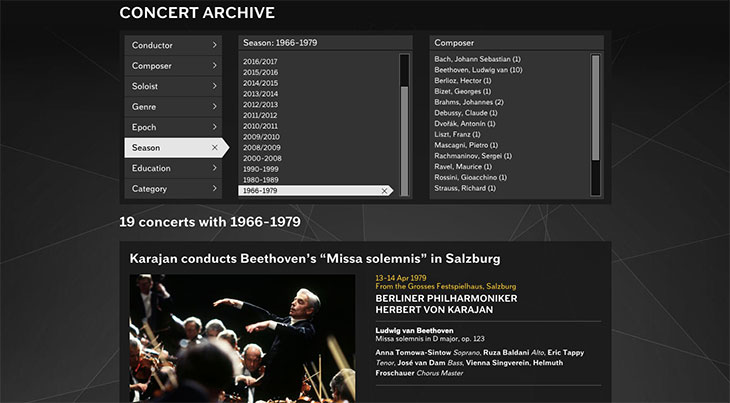 Screenshot showing the concert archive of the Digital Concert Hall