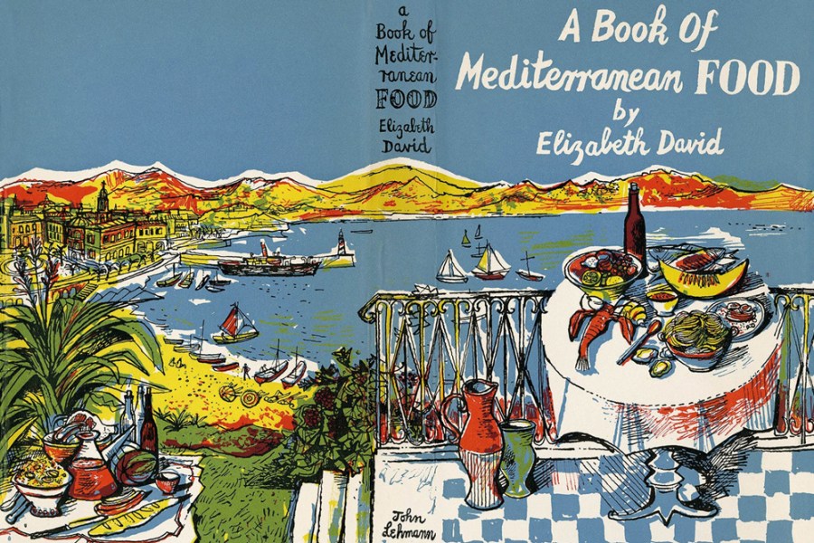 Wrap-around dust jacket designed by John Minton for Elizabeth David’s A Book of Mediterranean Food (1950)