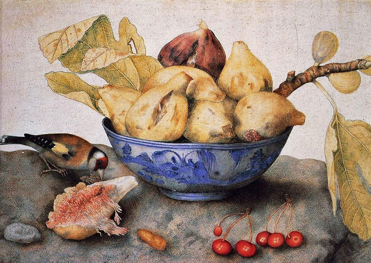 Chinese Cup with Figs, Cherries and Goldfinch (c. 1655–62), Giovanna Garzoni. Gallerie degli Uffizi, Florence