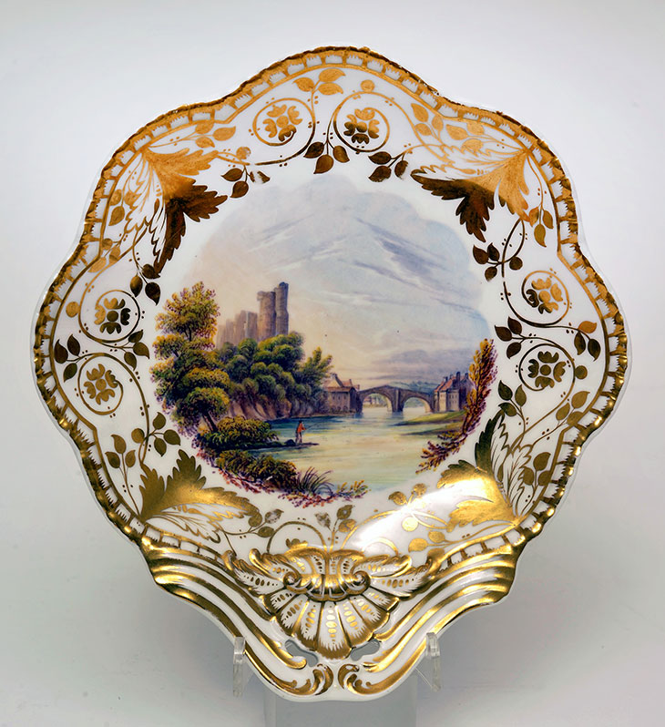 Dessert dish with view of Barnard Castle after Westall (c. 1830), Josiah Spode. The Bowes Museum, Barnard Castle