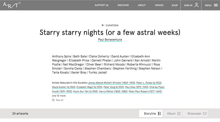 Screenshot of ‘Starry starry nights (or a few astral weeks)’ curated by Paul Bonaventura using Art UK’s Curations tool