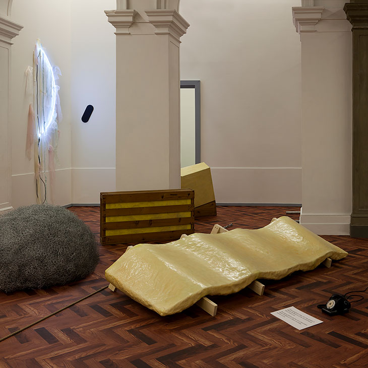 Installation view of ‘When Attitudes Become Form: Bern 1969/Venice 2019’, curated by Germano Celant, at Fondazione Prada, Venice, 2013. From left to right, works by: Bill Bollinger, Gary B. Kuehn, Keith Sonnier, Walter De Maria, Bill Bollinger.