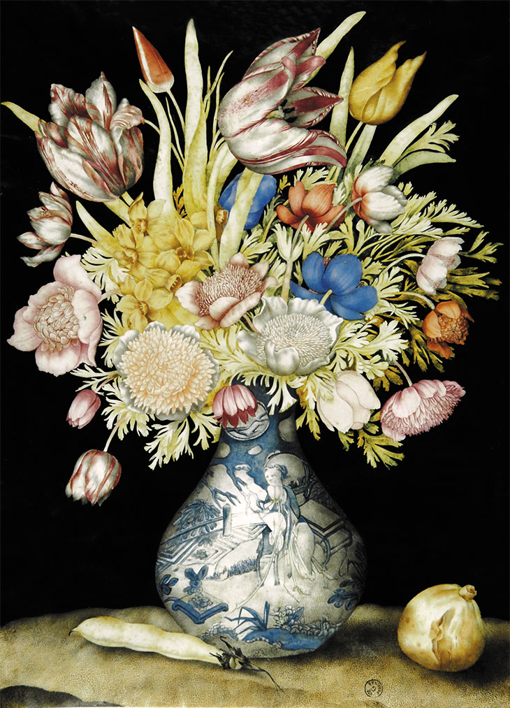 Chinese Vase with Tulips, Anemones and Jonquils, with a Fig and a Fava Bean (c. 1650–55), Giovanna Garzoni.