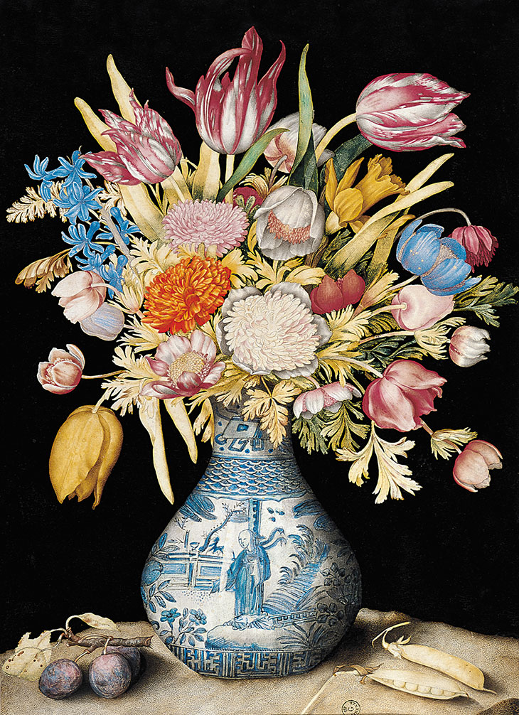 Chinese Vase with Tulips, Anemones, Daffodils, a Hyacinth, and a Calendula, with Two Plums and Two Pea Pods (c. 1650–1655), Giovanna Garzoni.