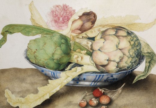 Chinese dish with artichokes, rose and strawberries (c. 1655–62), Giovanna Garzoni. Galleria Palatina, Gallerie degli Uffizi, Florence