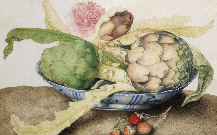 Chinese dish with artichokes, rose and strawberries (c. 1655–62), Giovanna Garzoni. Galleria Palatina, Gallerie degli Uffizi, Florence