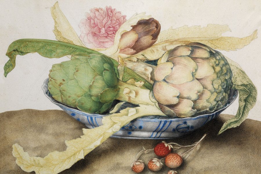 Chinese dish with artichokes, rose and strawberries (c. 1655–62), Giovanna Garzoni. Galleria Palatina, Gallerie degli Uffizi, Florence