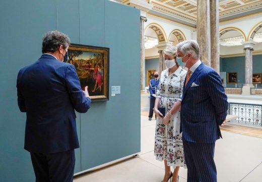 Queen Mathilde of Belgium and King Philippe of Belgium visi the permanent collection of the Old Masters Museum, part of the Royal Museums of Fine Arts of Belgium, on May 19, 2020 in Brussels, as the country eases lockdown measures taken to curb the spread of the Covid-19 pandemic. Photo: Daina Le Lardic/Belga/AFP via Getty Images