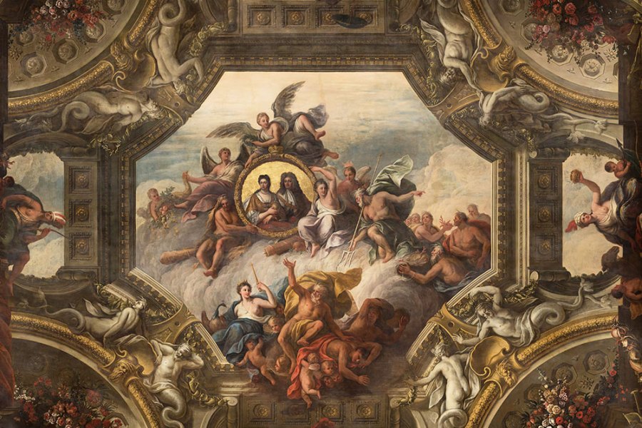 Detail of the ceiling of the Upper Hall, featuring portraits of Queen Anne and Prince George of Denmark
