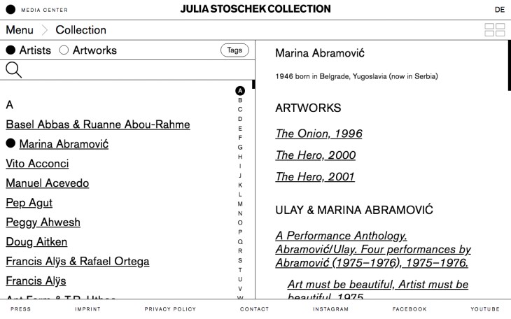 Screenshot of artist catalogue showing works by Marina Abramović