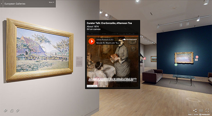 Screenshot showing a Curator Talk for 'Afternoon Tea' (1874), Eva Gonzalès in the European Galleries virtual tour