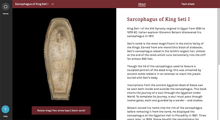 Screenshot showing the sarcophagus of Seti I in the ‘Explore Soane’ 3D tour