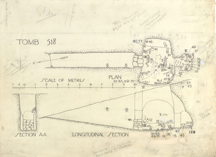 Plan and section drawing of Chamber Tomb 518, Mycenae (1922–23), unsigned.