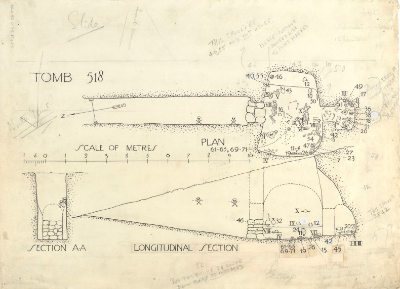 Plan and section drawing of Chamber Tomb 518, Mycenae (1922–23), unsigned. 