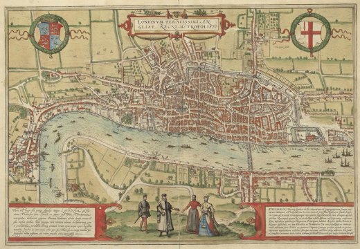 The earliest printed map of London, from Braun and Hogenbergh’s Civitates Orbis Terrarum, drawn in c. 1560 (printed in 1572).