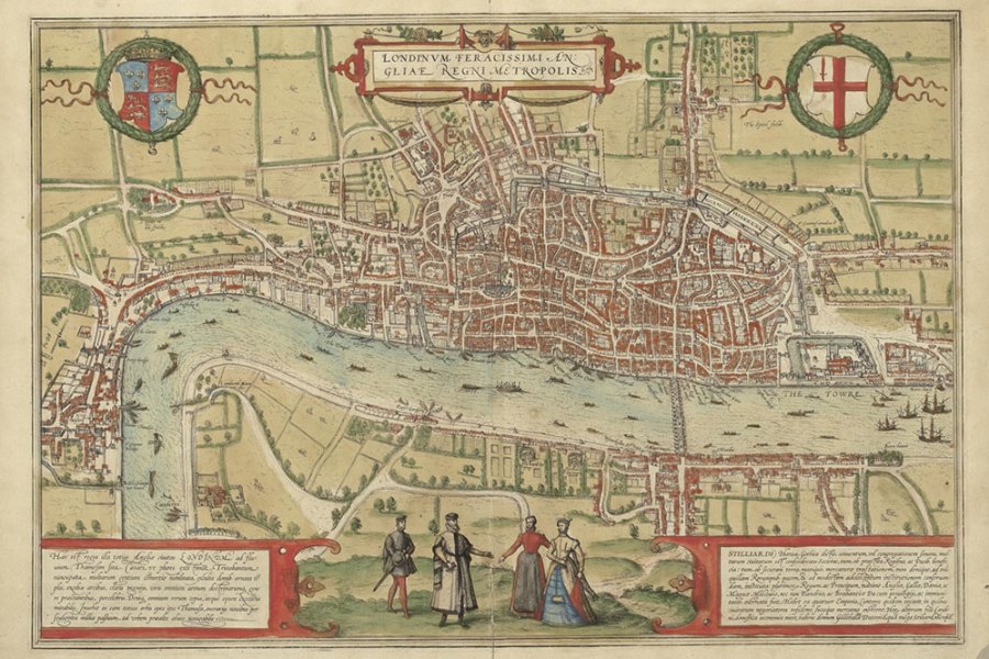 The earliest printed map of London, from Braun and Hogenbergh’s Civitates Orbis Terrarum, drawn in c. 1560 (printed in 1572).