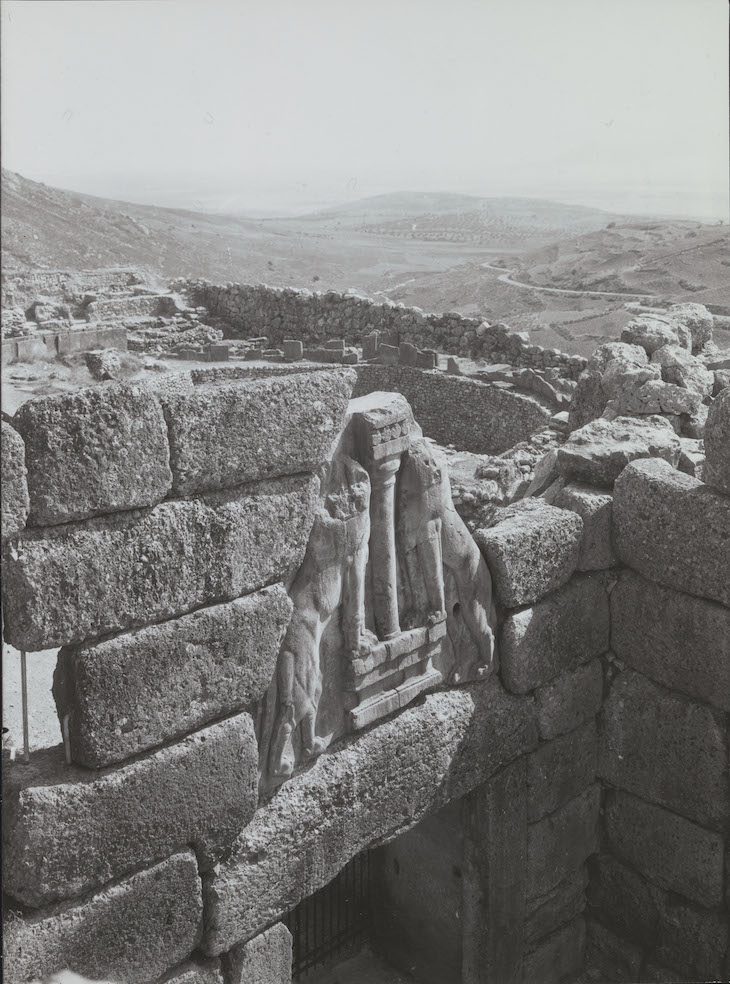 The Lion Gate, with view of Grave A beyond, Mycenae (1921), unknown photographer.