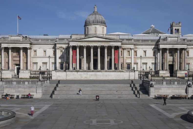 The National Gallery, closed and an empty Trafalgar Square on 24 March 2020. Photo by Dan Kitwood/Getty Images