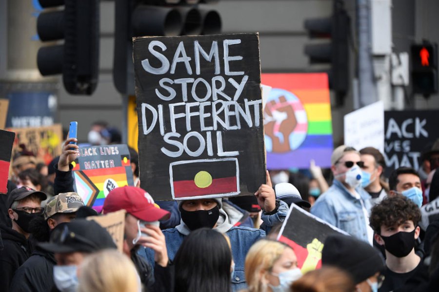 Protesters at a Black Lives Matter rally in Melbourne in June 2020. A number of issues have been raised at recent protests, including the destruction of heritage like the Juukan Gorge sites, the number of Indigenous people who have died in custody over the past three decades, and Australia’s colonial history.