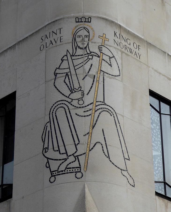 The mosaic designed by Frank Dobson on the exterior of St Olaf House in London.