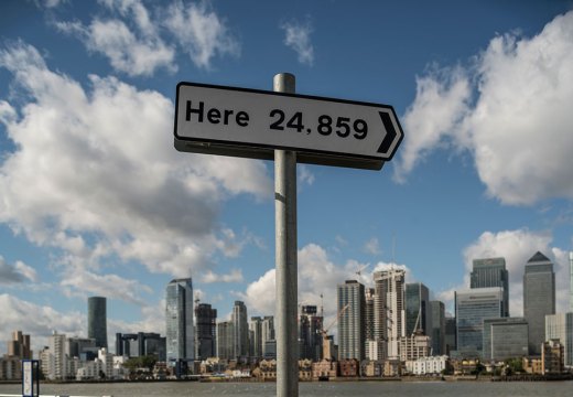Installation view of Here (2013) by Thomson & Craighead on Greenwich Peninsula.