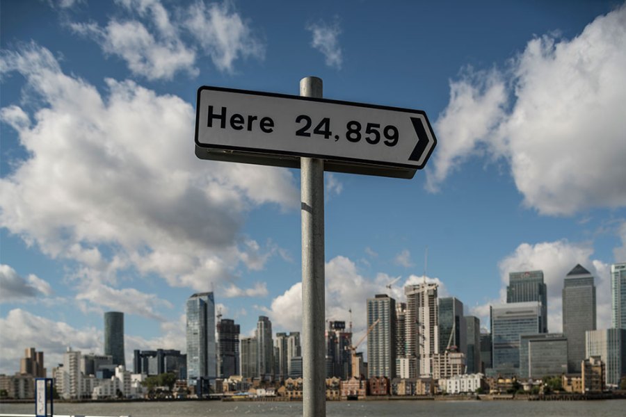 Installation view of Here (2013) by Thomson & Craighead on Greenwich Peninsula.