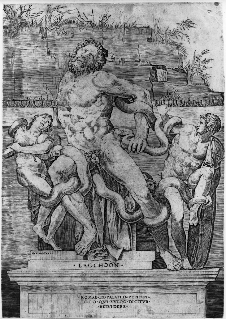 Laocoön and his sons being attacked by serpents (16th century), Marco Dente.