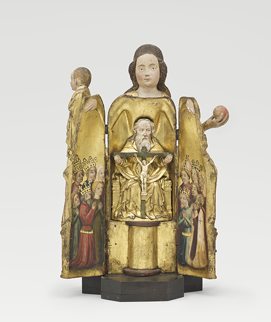 Polychrome wooden carving of a Virgin and Child with the Trinity inside (c. 1400), eastern Prussia.