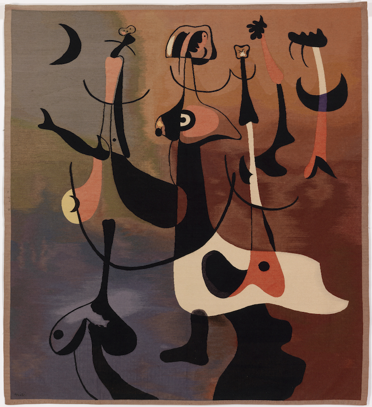 Rhythmic Figures (Personnages rythmiques), or Woman and Birds (1934), Juan Miró, woven in Aubusson.
