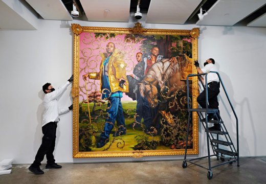 Art handlers preparing Kehinde Wiley’s Le Roi à la Chasse II (2007) to be exhibited ahead of auction at Sotheby’s New York in June 2020.