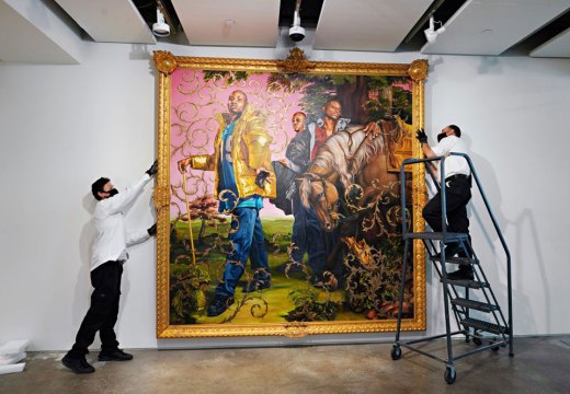 Art handlers preparing Kehinde Wiley’s Le Roi à la Chasse II (2007) to be exhibited ahead of auction at Sotheby’s New York in June 2020.