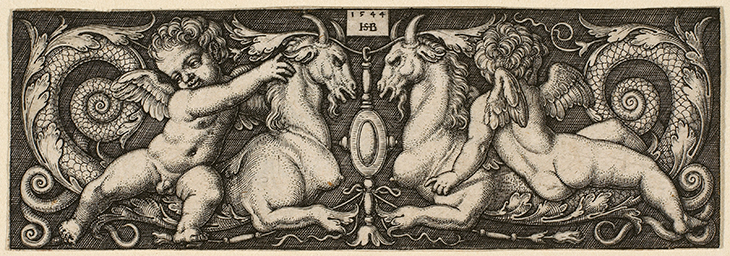 Ornament with Two Genii Riding on Two Chimeras (1544), Hans Sebald Beham. 