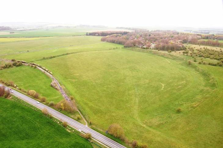 Aerial view of the landscape at Durrington, photographed in 2020.