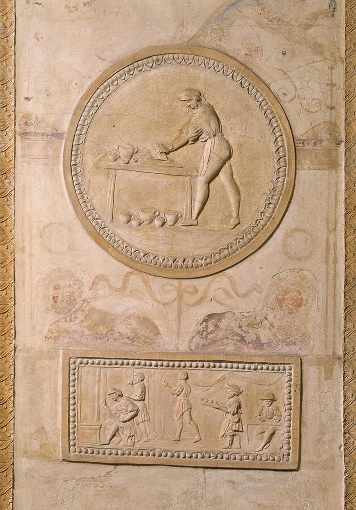 Pilaster reliefs depicting scenes from Raphael’s workshop (1518–19), Giovanni da Udine. Palazzo Pontifici, Vatican City