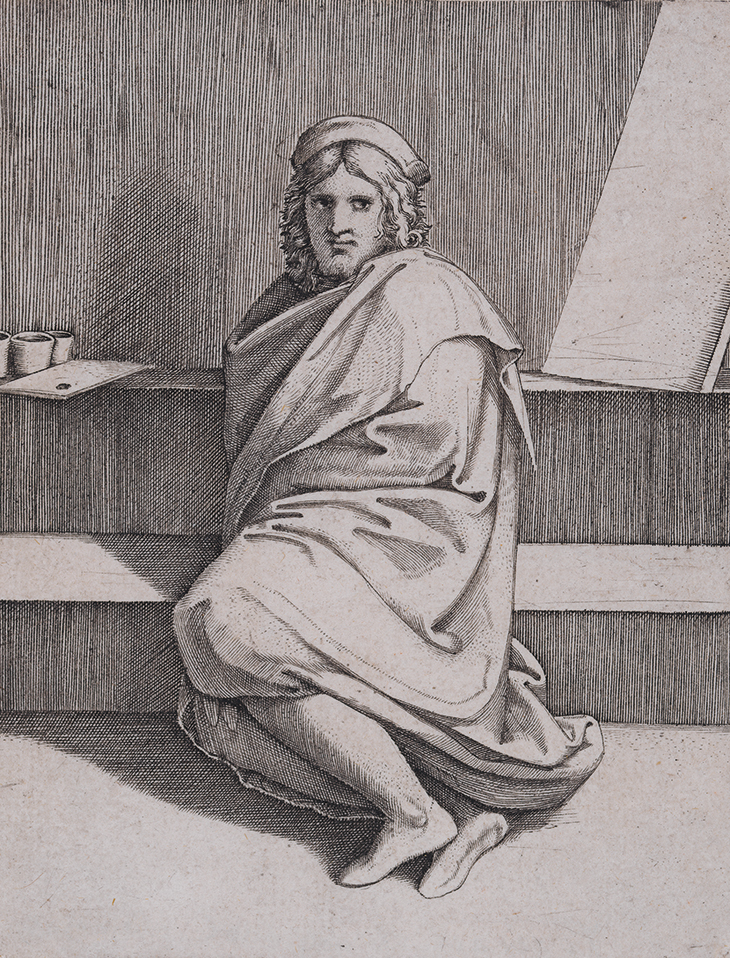 Portrait of Raphael, Seated (c. 1517–19), Marcantonio Raimondi. Los Angeles County Museum of Art