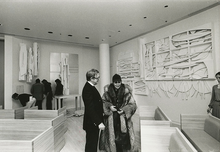 Louise Nevelson with Father Ralph Peterson during an installation of the Chapel of the Good Shepherd, St Peter’s Church, New York, designed by Nevelson and dedicated in 1977.
