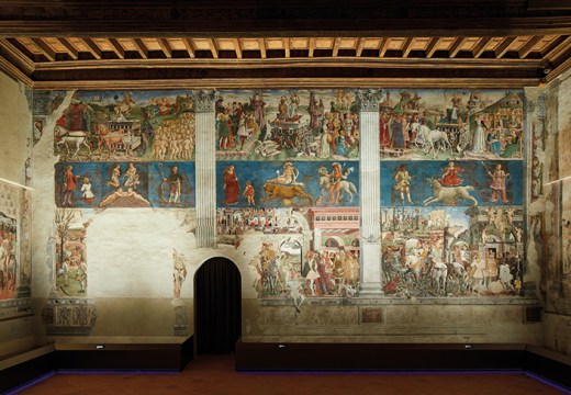 The east wall of the Salone dei Mesi in Palazzo Schifanoia, Ferrara, showing March, April and May, painted by Francesco del Cossa in 1469–70.