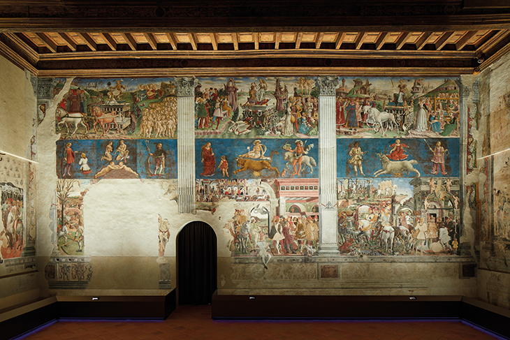The east wall of the Salone dei Mesi in Palazzo Schifanoia, Ferrara, showing March, April and May, painted by Francesco del Cossa in 1469–70.