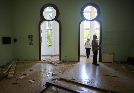 Staff inspect the damage at the Sursock Museum in Beirut on on 5 August 2020, a day after a blast in a warehouse in the port of the Lebanese capital sowed devastation across entire city neighbourhoods, killing more than 100 people, wounding thousands. Photo by Patrick Baz/AFP via Getty Images