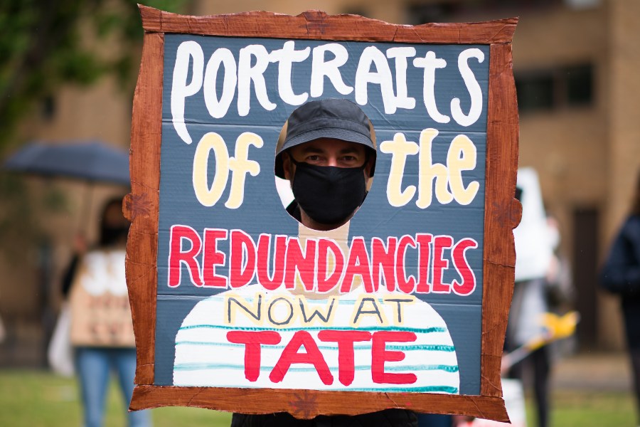 Demonstrators protest outside Tate Modern over proposed job losses on 27 July, 2020.