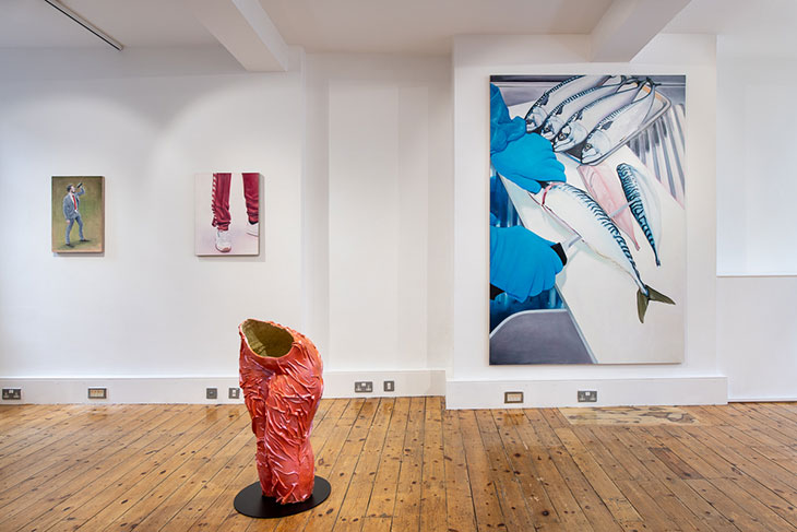Installation view of ‘Suture: Kobby Adi, Lydia Blakeley, Jala Wahid’ at Niru Ratnam, London, 2020.
