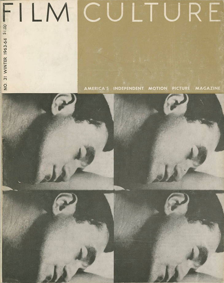 The cover of the January 1964 issue of Film Culture, featuring a still photo from Andy Warhol’s Sleep (1964)