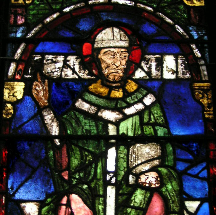 Stained glass window in Canterbury Cathedral, showing Becket holding a book.