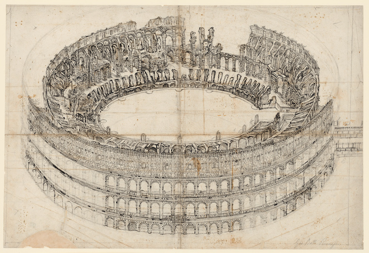 A bird's eye view of the Colosseum in Rome from the north (c. 1760–70), Giovanni Battista Piranesi. 